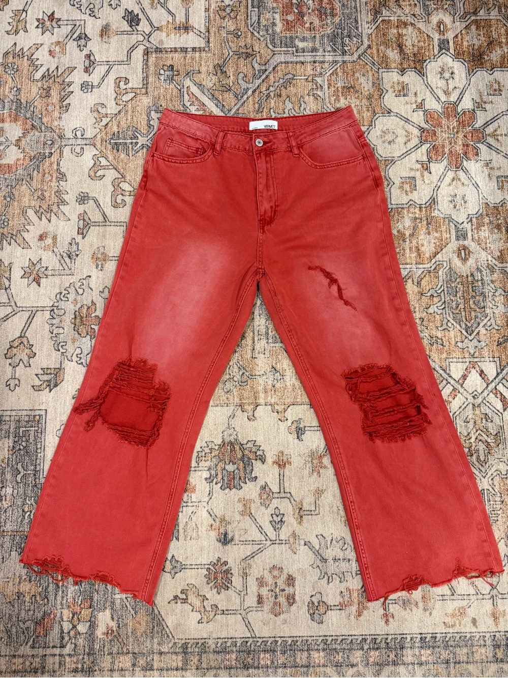 VERVET Sadie Red Distressed 90s Crop Flare Jeans 30